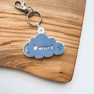 Porte-clés nuage, étiquette de sac nuage, étiquette de bagage, étiquette de sac à dos pour enfants, porte-clés 3D, étiquette de sac prénommée en acrylique, cadeau, étiquette de sac à langer, étiquette de boîte à lunch