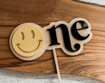 Happy face cake topper, Smiley face cake topper, One cake topper, Boho cake topper, First birthday topper, Retro cake, One happy baby topper