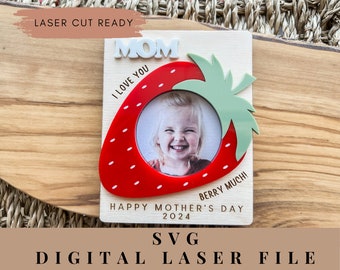 Mother's Day fridge magnet, Mother's Day gift, Glowforge laser cut, Grandma photo magnet, Mom photo magnet, SVG laser file, Strawberry frame