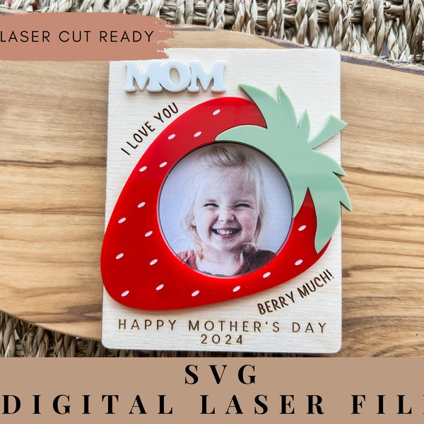 Mother's Day fridge magnet, Mother's Day gift, Glowforge laser cut, Grandma photo magnet, Mom photo magnet, SVG laser file, Strawberry frame