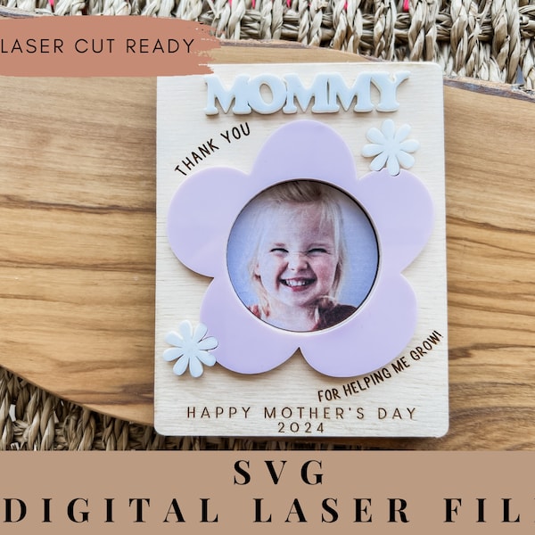 Mother's Day fridge magnet, Mother's Day gift, Glowforge laser cut, Grandma photo magnet, Mom photo magnet, SVG laser file, Daisy frame