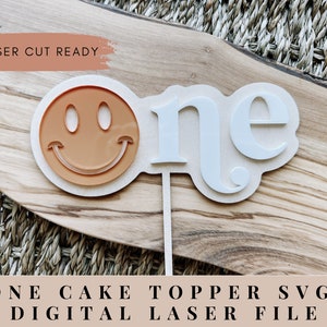 Smiley face one topper laser cut file, Happy face topper glowforge, Boho cake topper svg, first birthday topper laser cut file