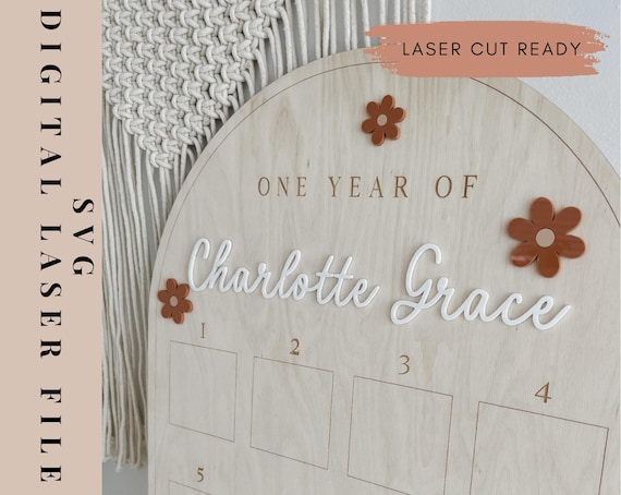 Milestones board laser file, Glowforge laser cut files, First year display cut file svg, My first year board, Daisy birthday theme, One year