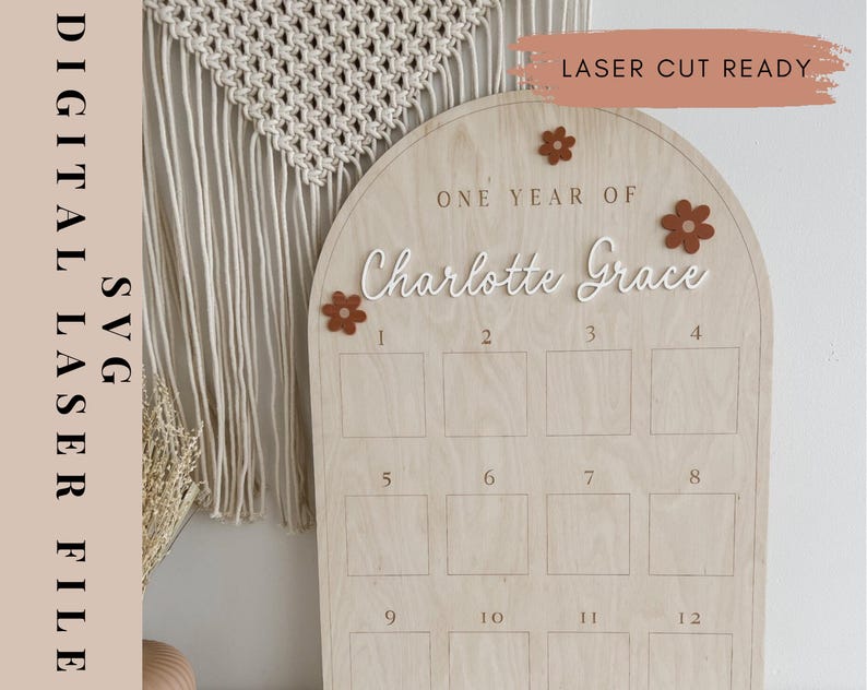 May include: A wooden arch-shaped sign with the text "One Year of Charlotte Grace" and twelve numbered squares for a child's first year growth chart. The sign is decorated with brown felt flowers.