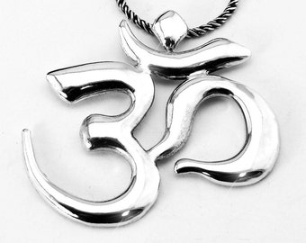 Sterling Silver Om Pendant, Necklace Patina Silver Chain