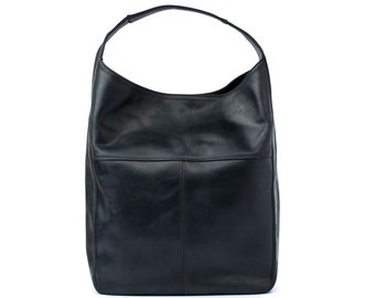 Leather Hobo Bag, Black Leather Hobo, Large Shoulder Bag, Everyday Leather Bag with Pockets