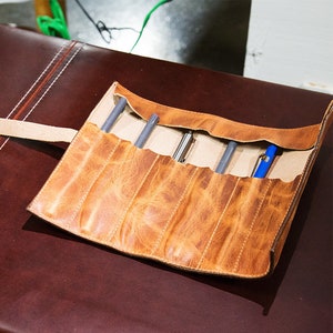 Personalized Leather Pen Roll | Natural Leather Pencil Case | Leather Pencil Holder | Roll Up Pencil Case