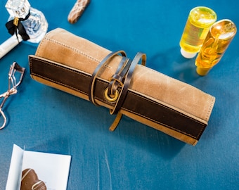 Personalized Waxed Canvas Tool Roll, Leather Case, Handmade Organizer, Paint Brushes Roll, Leather Gift, Made in USA