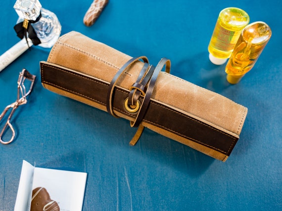 Personalized Waxed Canvas Tool Roll, Leather Case, Handmade Organizer, Paint Brushes Roll, Leather Gift, Made in USA