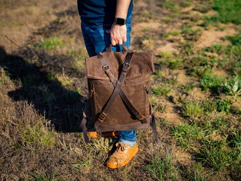 Vintage Travel Backpack, Crazy Horse Leather and Canvas Brown Backpack, Rucksack with Pockets, Backpack Men image 3