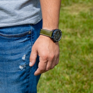 Green Leather Watch Strap with Rubber Lining, Durable Stitching, Italian Leather 18mm 20mm 22mm 24mm Watch Band, Unisex Wristwatch Strap