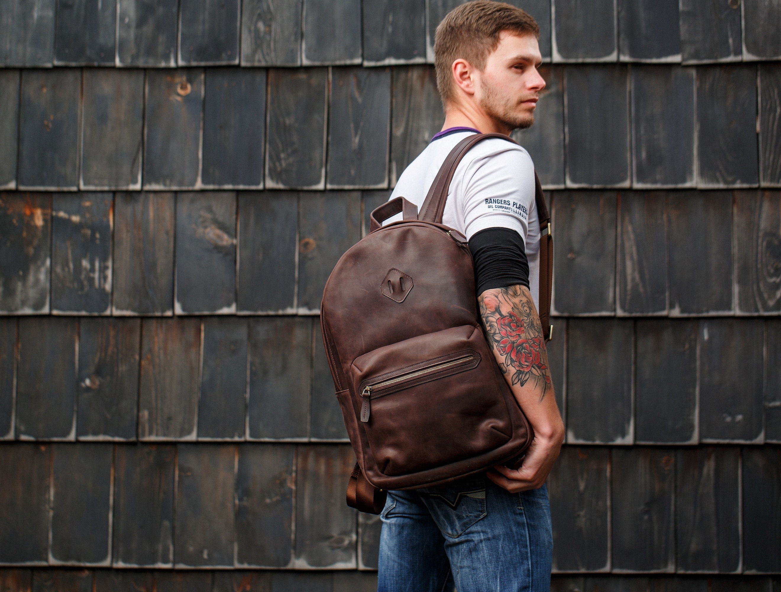 Leather Backpack Men Women Leather Rucksack Laptop Backpack