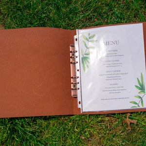 Chestnut Leather Binder Menu, Engraved Menu Book, Menu Folder with 6 rings, Leather Menu Cover, Menu Folio with Logo
