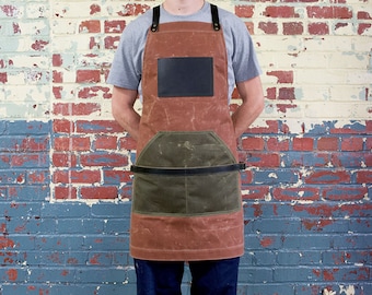 Waxed Canvas and Leather Apron, Waxed Canvas Apron, Work Apron, Cross Straps Apron