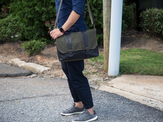 Leather Canvas Messenger Bag for Man in Black and Green / 