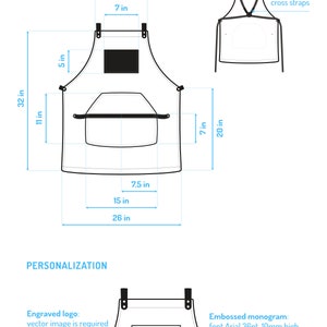 May include: A black and white line drawing of an apron with measurements in inches. The apron has a large pocket on the front and adjustable cross straps on the back. The apron is 32 inches long, 26 inches wide, and has a 7.5 inch pocket. The apron can be personalized with an engraved logo or an embossed monogram.