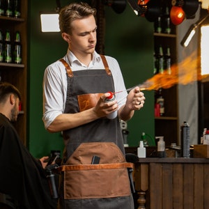 Barber Leather Waxed Canvas Apron, Christmas Gift, Hairdresser Barber Apron with Logo, Barista Leather Apron, Personalized Holiday Gift Dark Chocolate Apron