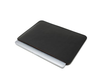 Handmade Black Leather Macbook Sleeve, Wool Lining, Fits Air & Pro