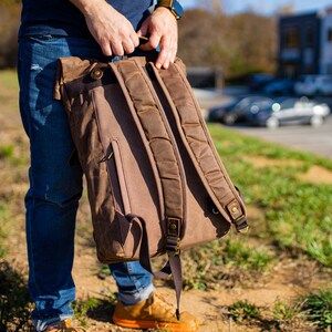 Vintage Travel Backpack, Crazy Horse Leather and Canvas Brown Backpack, Rucksack with Pockets, Backpack Men image 6