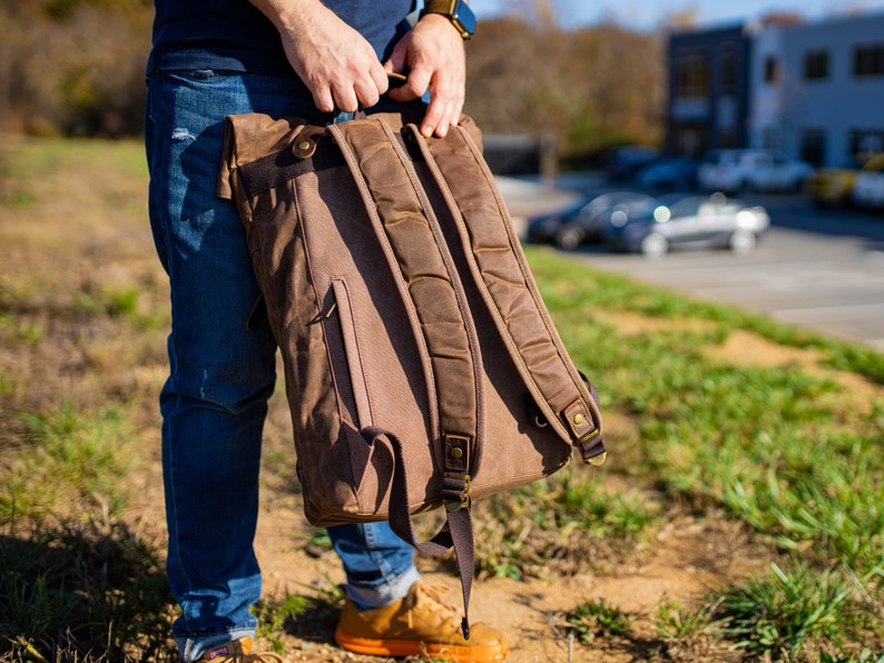 Vintage Travel Backpack, Crazy Horse Leather and Canvas Brown Backpack, Rucksack with Pockets, Backpack Men image 6