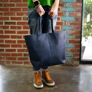 Big Leather Tote Bag for Woman / Large Navy Tote Bag / Leather Weekender Bag / Tote Bag with Pocket / Large Books Bag / Leather Grocery Bag image 4