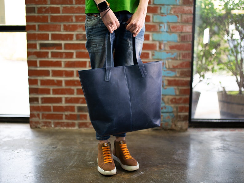 Big Leather Tote Bag for Woman / Large Navy Tote Bag / Leather Weekender Bag / Tote Bag with Pocket / Large Books Bag / Leather Grocery Bag image 4