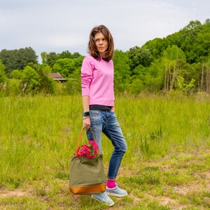 Unwaxed Canvas Tote, Green Canvas Bucket Tote Bag, Vrouwen Schoudertas, Geweldig Cadeau Idee voor Moederdag, Custom Bag met Initialen, Handtas afbeelding 2