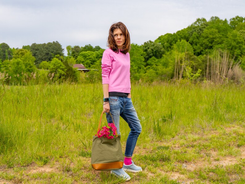 Unwaxed Canvas Tote, Green Canvas Bucket Tote Bag, Vrouwen Schoudertas, Geweldig Cadeau Idee voor Moederdag, Custom Bag met Initialen, Handtas afbeelding 2