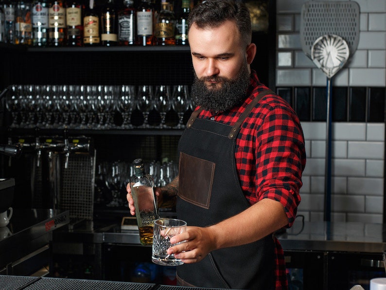 Restaurant Apron, Christmas Gift, Bartender Barista Apron, Bar Leather Apron with Logo, Mens BBQ Apron, Black Waitress Apron, xMas Gift Black / Dark pocket