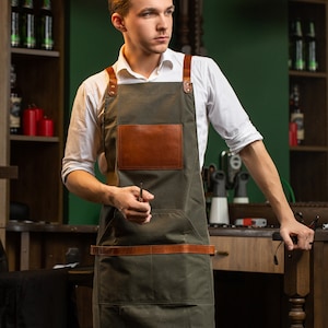 Green Waxed Barber Apron / Leather Canvas Working Apron / Milwaukee Leather Apron / Barber Apron with Leather Straps, Mother's Day, Mum Gift image 1