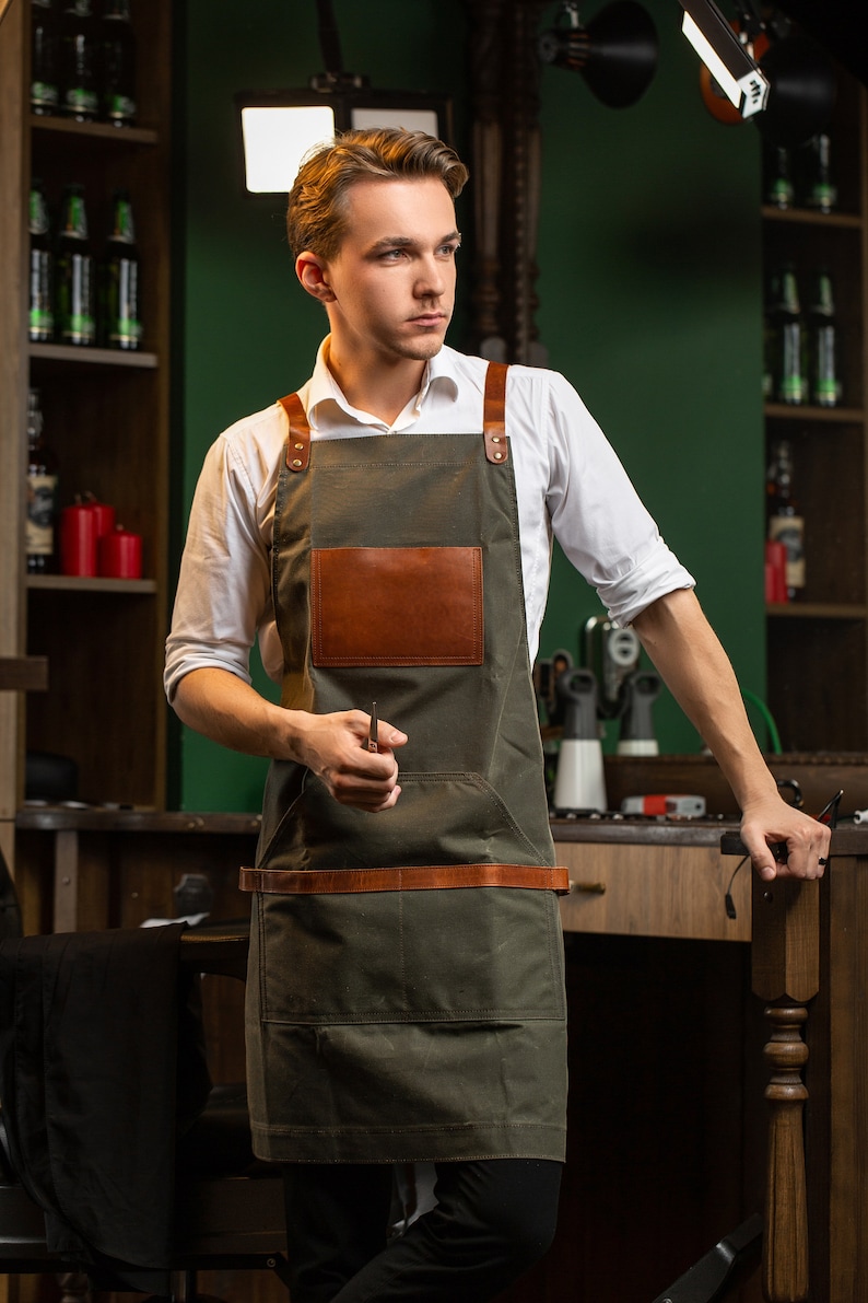 Green Waxed Barber Apron / Leather Canvas Working Apron / Milwaukee Leather Apron / Barber Apron with Leather Straps, Mother's Day, Mum Gift image 1