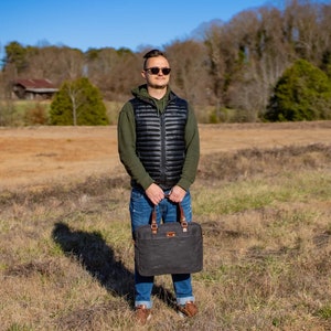 Men Charcoal Briefcase, Messenger Bag, Canvas and Leather Work Bag, Unisex Messenger Bag, Laptop Bag, Computer Bag, Shoulder Bag, Men Gift image 3