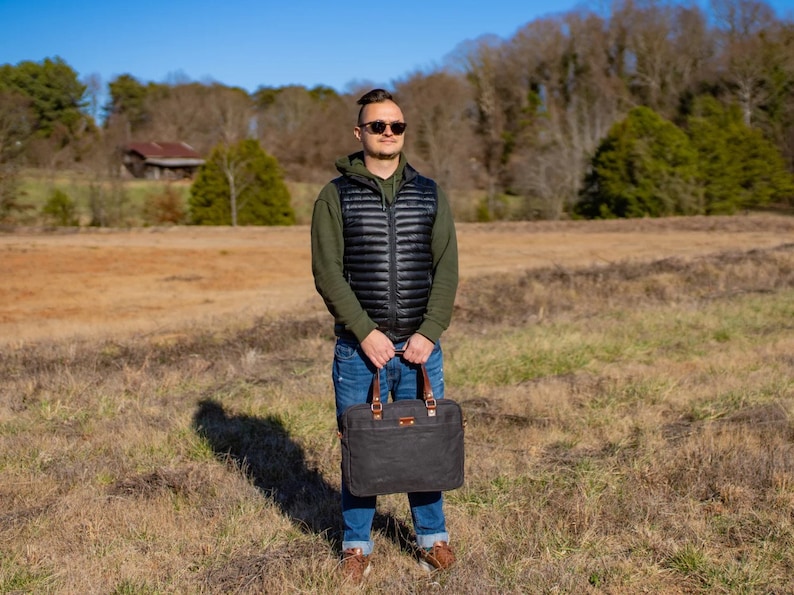 Men Charcoal Briefcase, Messenger Bag, Canvas and Leather Work Bag, Unisex Messenger Bag, Laptop Bag, Computer Bag, Shoulder Bag, Men Gift image 3