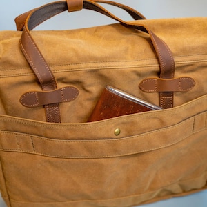 Large Briefcase, Camel Canvas and Leather Men Bag, Messenger Bag, Gift for Him, Laptop Bag, Anniversary Gift, Work Bag, MacBook Bag image 7