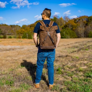 Vintage Travel Backpack, Crazy Horse Leather and Canvas Brown Backpack, Rucksack with Pockets, Backpack Men image 2