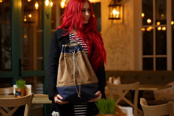 Leather Backpack with Drawstring Closure / Canvas Leather Rucksack with Adjustable Straps / Drawstring Bag With a Round Bottom / Leather Bag