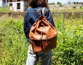 Brown Leather Backpack with Drawstring Closure / Drawstring Bag With a Round Bottom / Leather Rucksack with Adjustable Straps  / Woman Bag