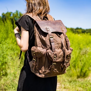 Travel Backpack, Crazy Horse Leather and Canvas Backpack, Personalized Christmas Gift, Unisex Rucksack, Backpack for Men, Woman Backpack zdjęcie 7