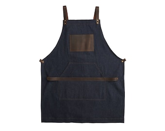 Dark Denim Canvas and Leather Apron, Personalized Apron, Restaurant Apron with Logo, Waiter Barista Apron, Woodworking Apron