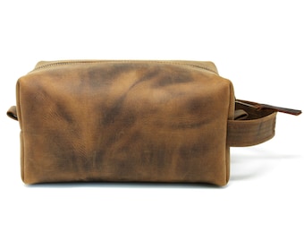 Brown Leather Dopp Kit, Men's Travel Toiletry Bag, Handmade Crazy Horse Leather