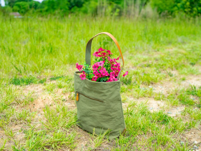 Unwaxed Canvas Tote, Green Canvas Bucket Tote Bag, Women Shoulder Bag, Great Gift Idea for Mother's Day, Custom Bag with Initials, Handbag image 5