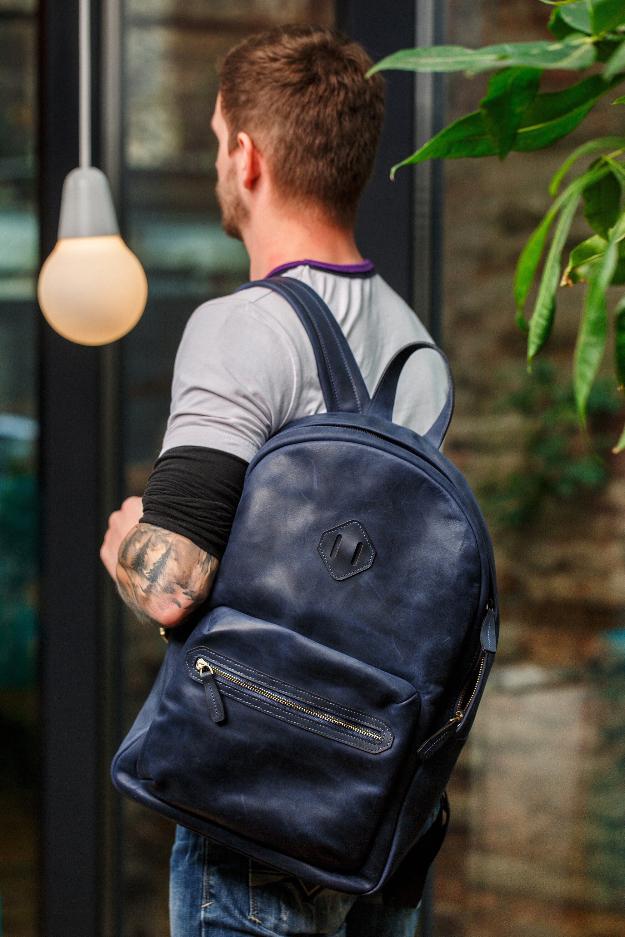 Mens blue leather backpack hotsell
