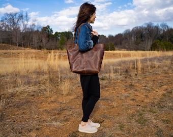 Large Chestnut Jess Tote Bag / Milwaukee Leather Casual Work Bag / Woman Weekender Bags / Big Size Tote / Laptop Bag / School University Bag