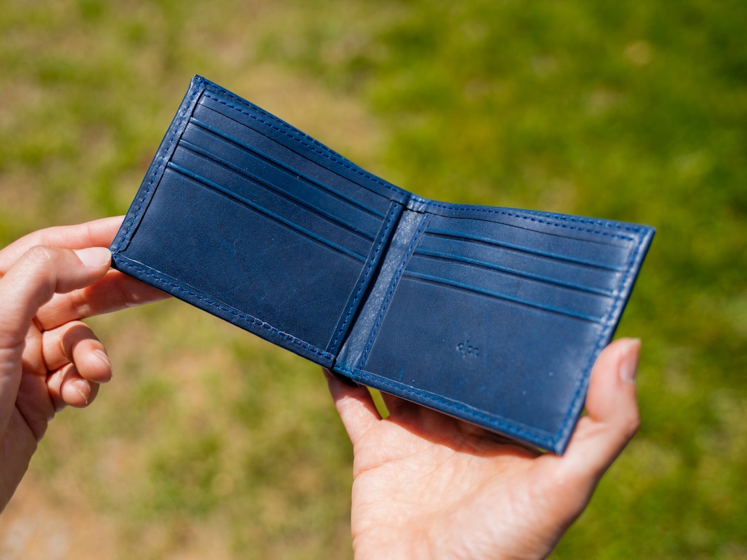 Handmade Navy Leather Bifold Wallet: Personalized Card Holder - Etsy