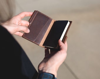 Leather Card Holder / Chestnut leather Wallet / Leather Journal Cover / Leather Card Case / Pocket Size Wallet with a Pen / Xsmall Volant