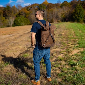 Vintage Travel Backpack, Crazy Horse Leather and Canvas Brown Backpack, Rucksack with Pockets, Backpack Men image 4