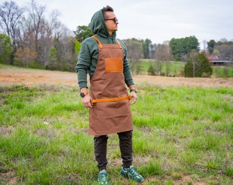 Canvas and leather apron, Cinnamon Canvas Apron, Leather and Non Waxed Canvas Apron, Custom Engraving, Custom Apron Gift, Chef’s Kiss