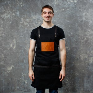 Restaurant Apron, Christmas Gift, Bartender Barista Apron, Bar Leather Apron with Logo, Mens BBQ Apron, Black Waitress Apron, xMas Gift Black / Light pocket