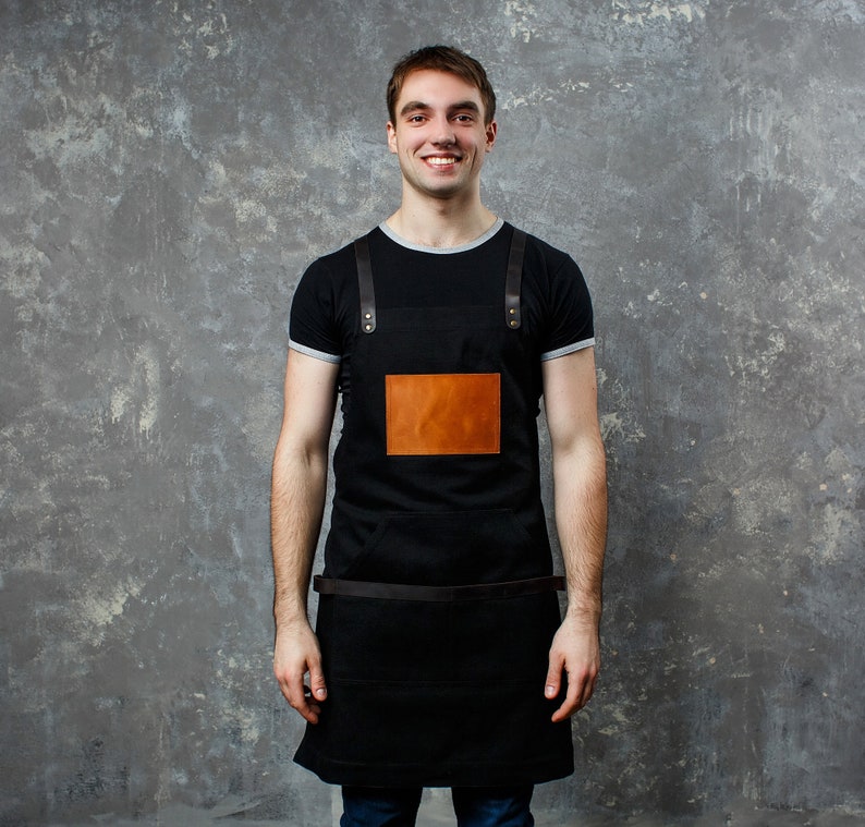 Restaurant Apron, Christmas Gift, Bartender Barista Apron, Bar Leather Apron with Logo, Mens BBQ Apron, Black Waitress Apron, xMas Gift Black / Light pocket