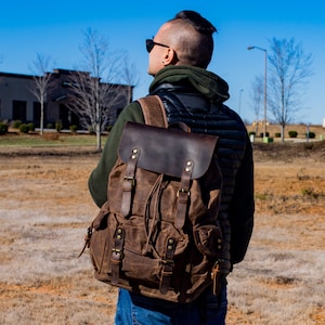 Travel Backpack, Crazy Horse Leather and Canvas Backpack, Personalized Christmas Gift, Unisex Rucksack, Backpack for Men, Woman Backpack image 2